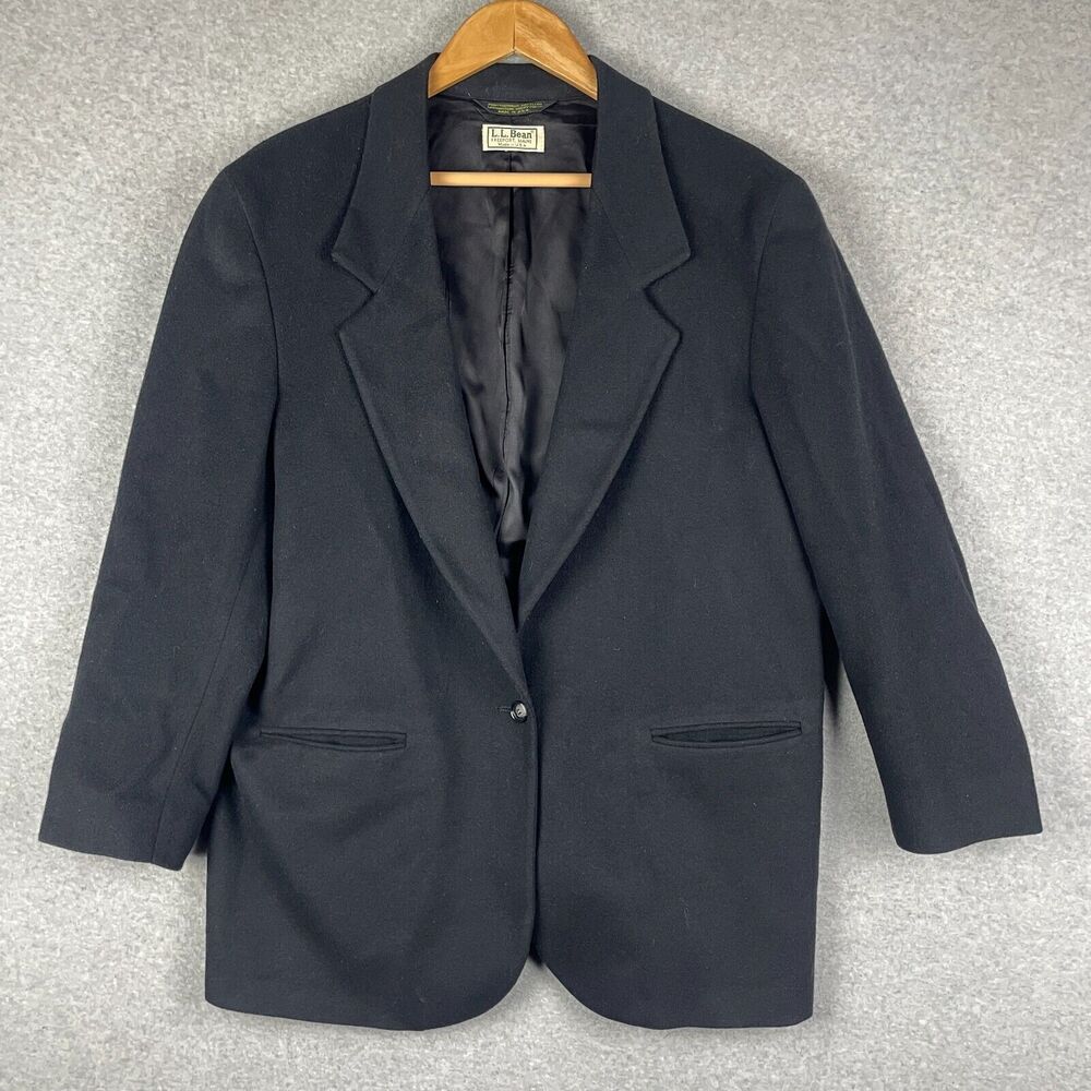 Vintage LL Bean Blazer Womens 16R Black Wool Cashmere Preppy 80s Made In USA